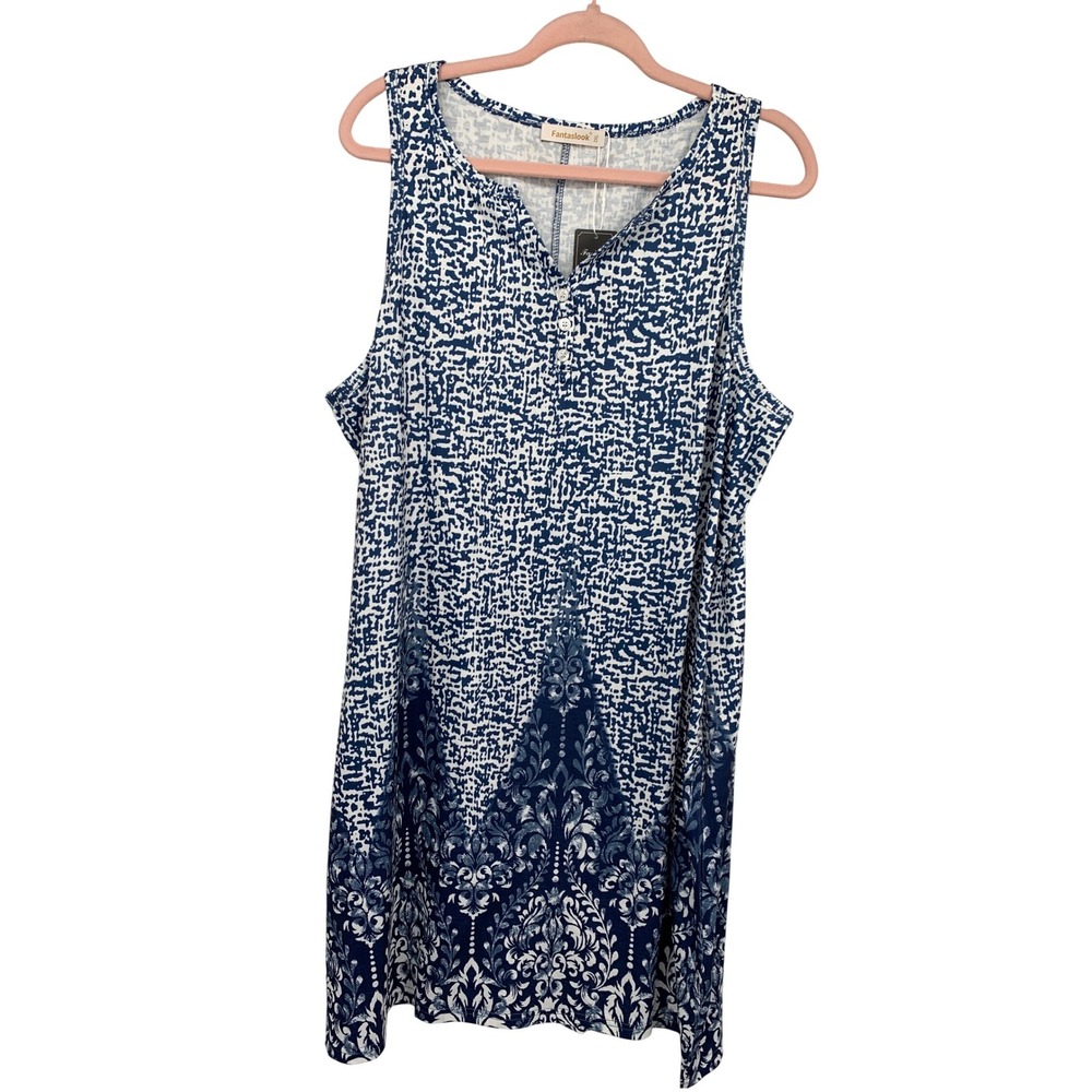 Fantaslook 2XL Blue White Sleeveless Tank Dress NWT Boho Stretch